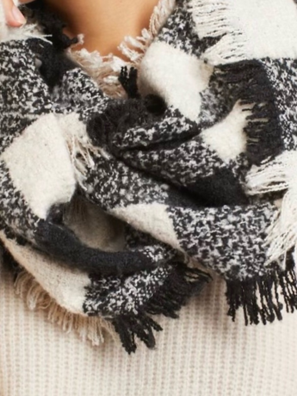 Anthropologie Cozy Black & Cream Plaid Fringe Infinity Scarf